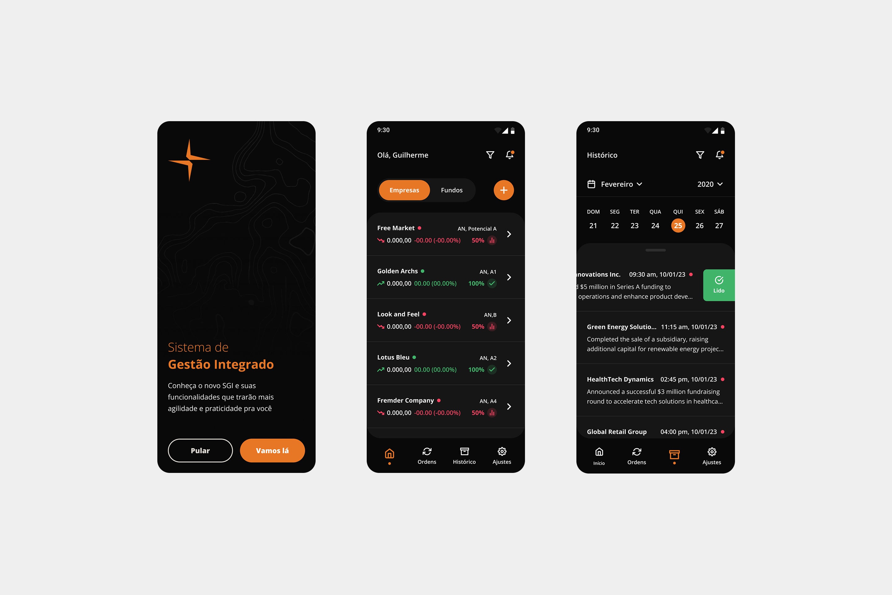 Conjunto de três telas de um aplicativo mobile chamado "Sistema de Gestão Integrado". A interface utiliza um esquema de cores preto, cinza escuro e detalhes em laranja, apresentando uma tela de boas-vindas, um painel de monitoramento de empresas e um histórico de atividades com calendário.