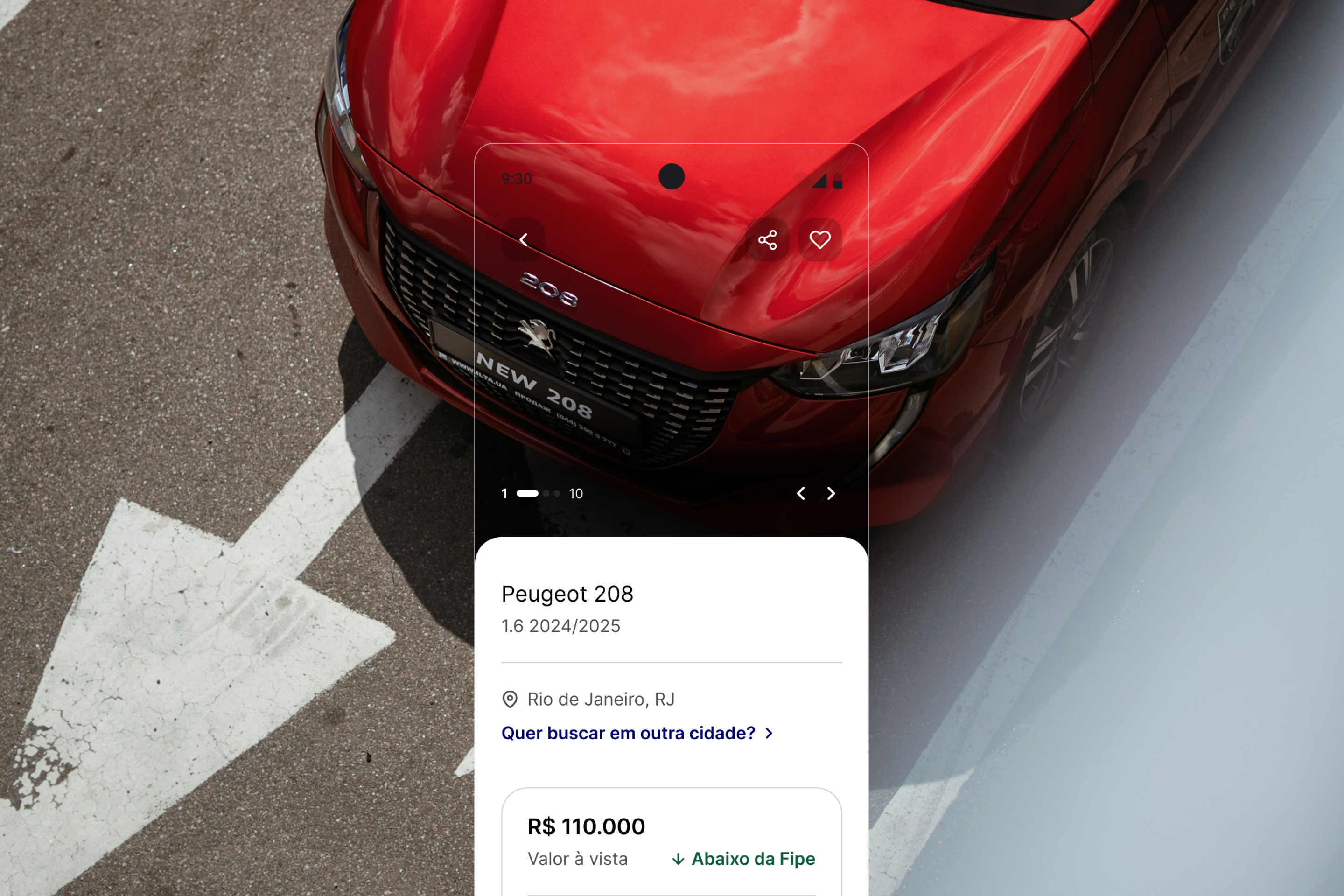 Captura de tela de um aplicativo de venda de carros mostrando um Peugeot 208 vermelho metálico, ano 2024/2025, localizado no Rio de Janeiro, pelo valor de R$ 110.000, indicado como "Abaixo da Fipe".